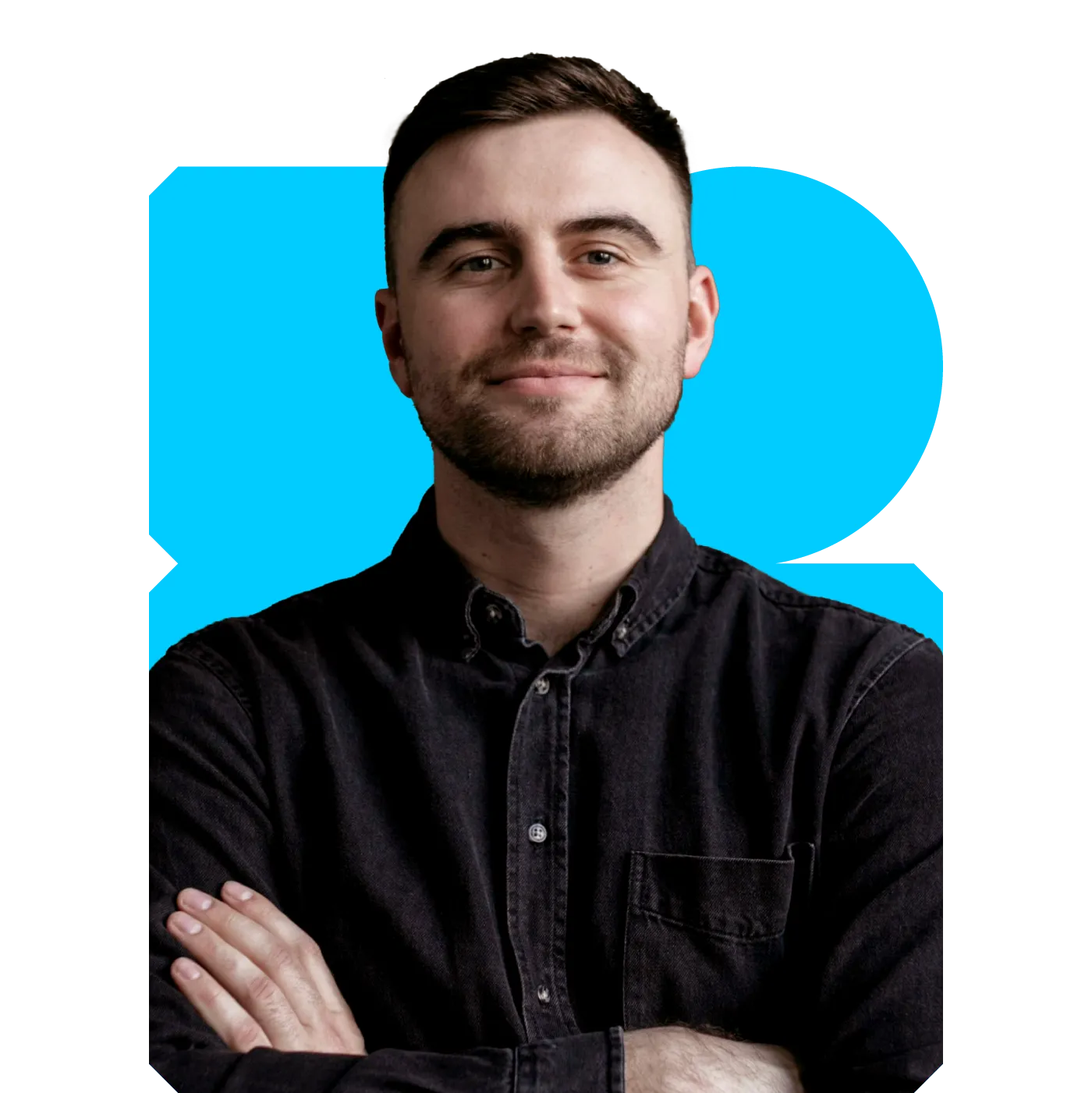 Smiling bearded man with arms crossed in front of a bright turquoise, logo-shaped background