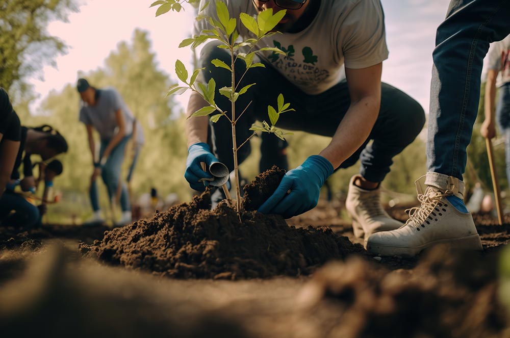 Volunteer kneeling and planting a sapling with blue gloves, others digging in the background