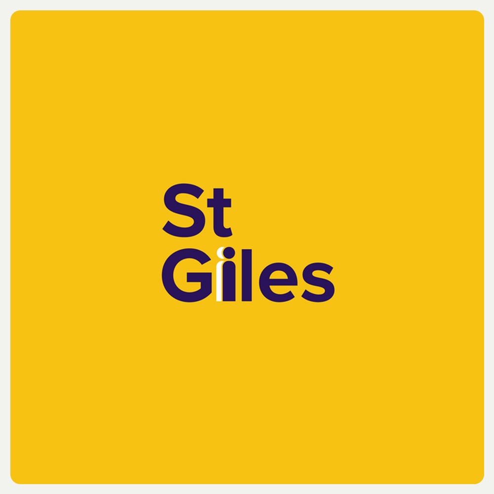 St Giles logo with bold purple lettering on a yellow background